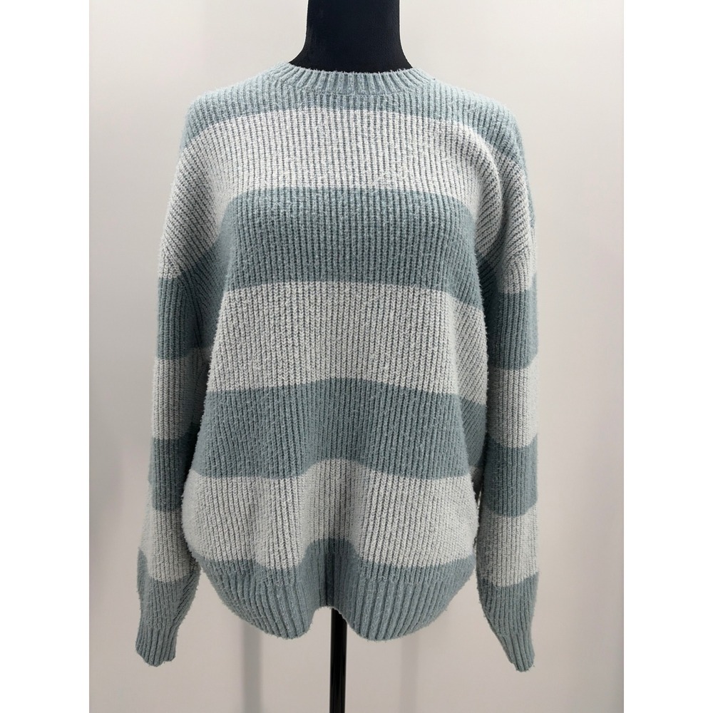 Hollister California Womens Small Blue Grey Striped Ribbed Crewneck Sweater